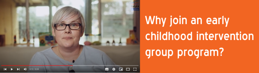 Screenshot of educator from online video with text: Why join an early childhood intervention group program